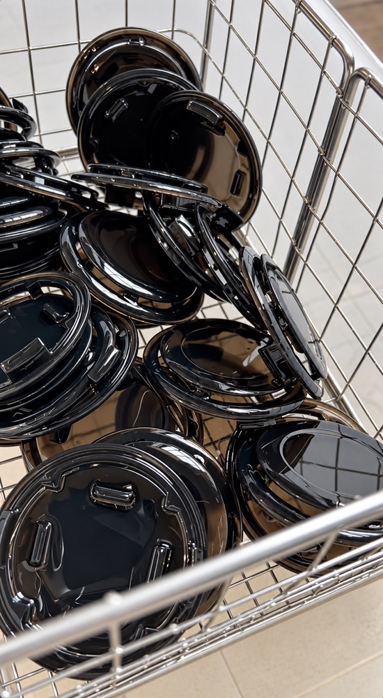 A basket of finished printed lids