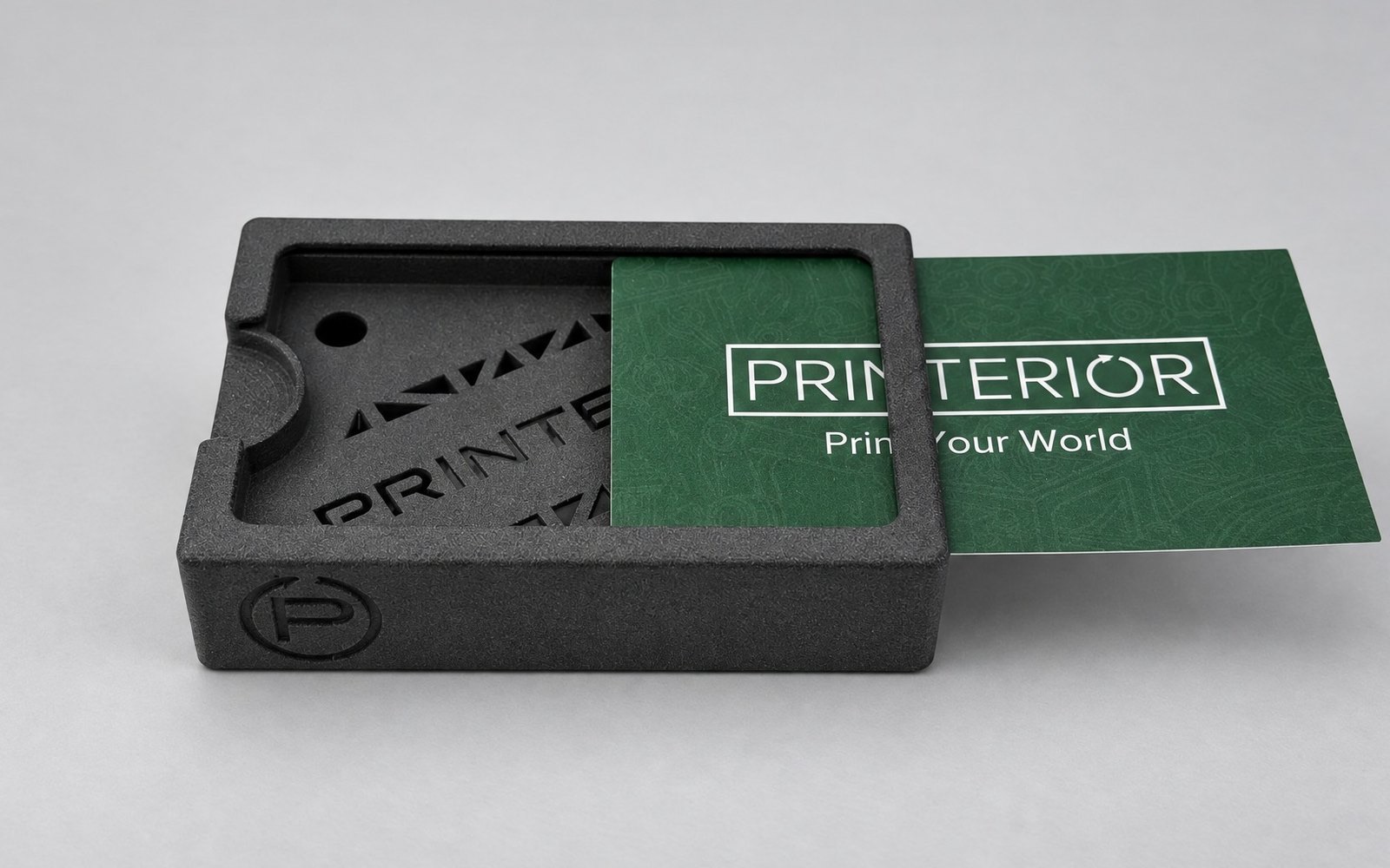Printerior branded business-card holder with a sculpted nylon form