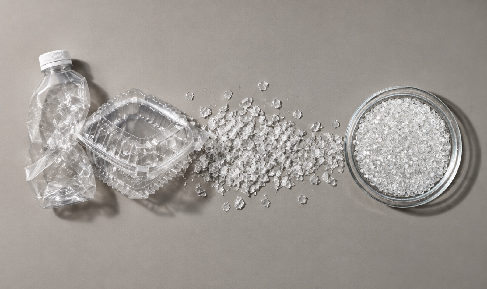 A crushed clear plastic bottle and clamshell spilling clear recycled flake into a dish of clear pellets