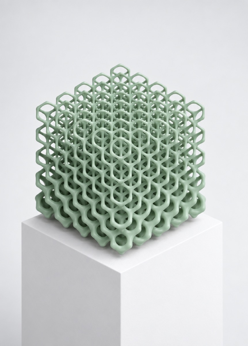A green printed lattice cube on a plinth