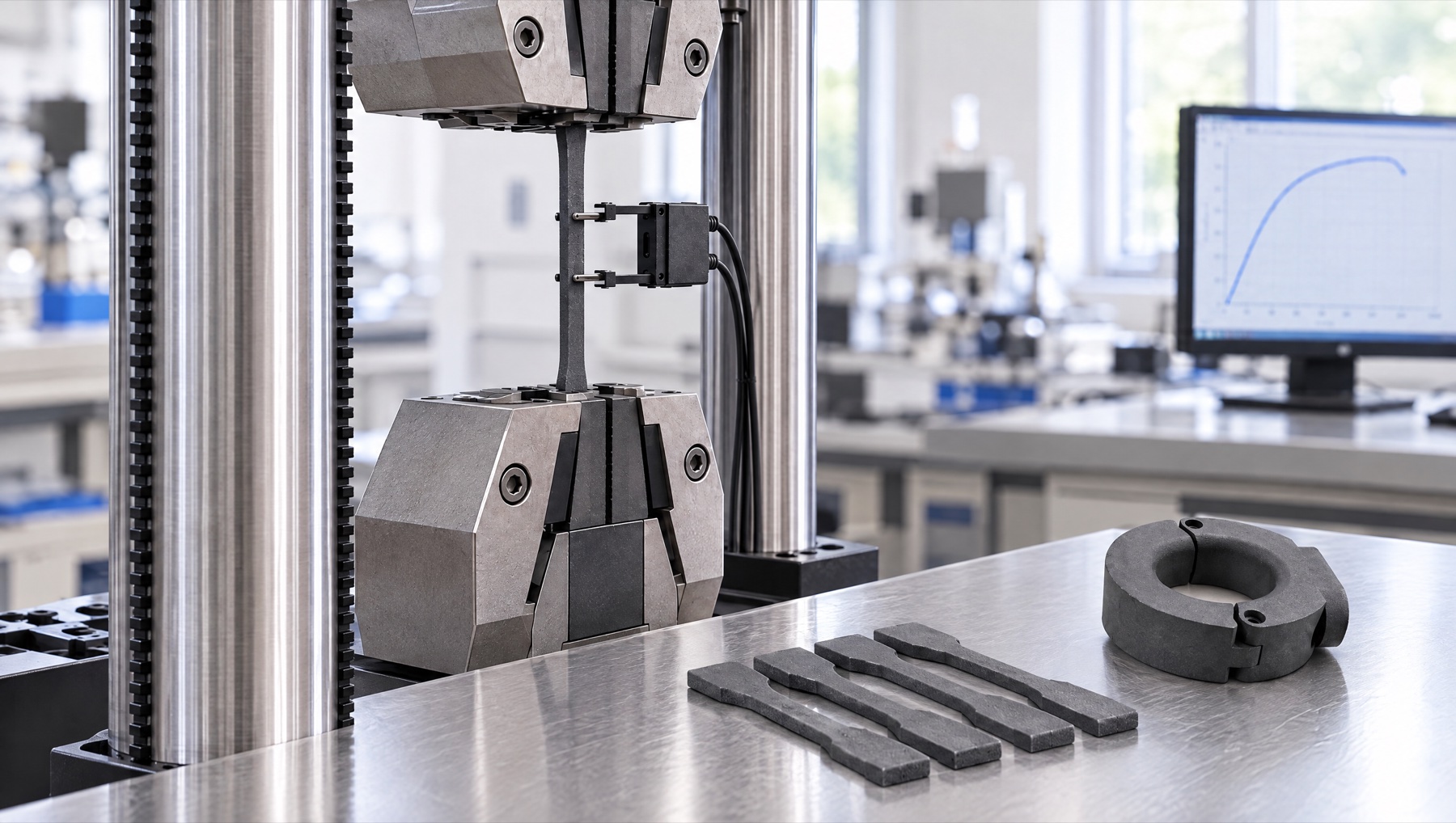 Dark grey PA12 tensile specimen in a universal testing machine, with more specimens and a printed nylon clamp collar on the bench