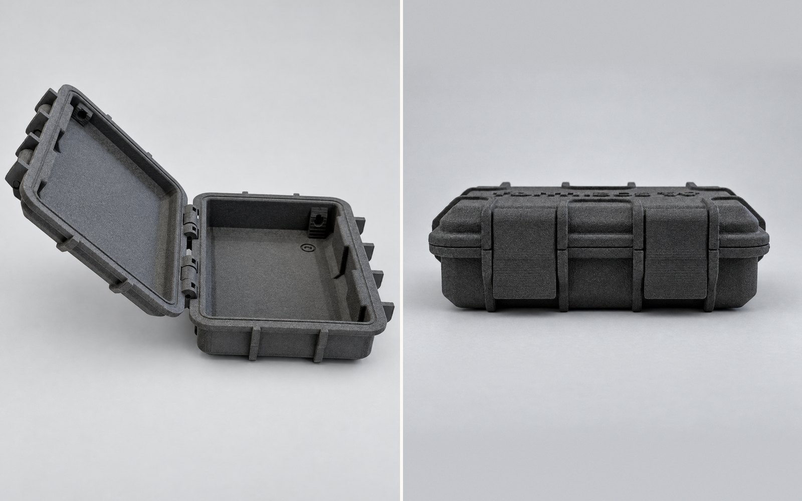 Grey nylon case shown open on its printed hinges and closed with its latches