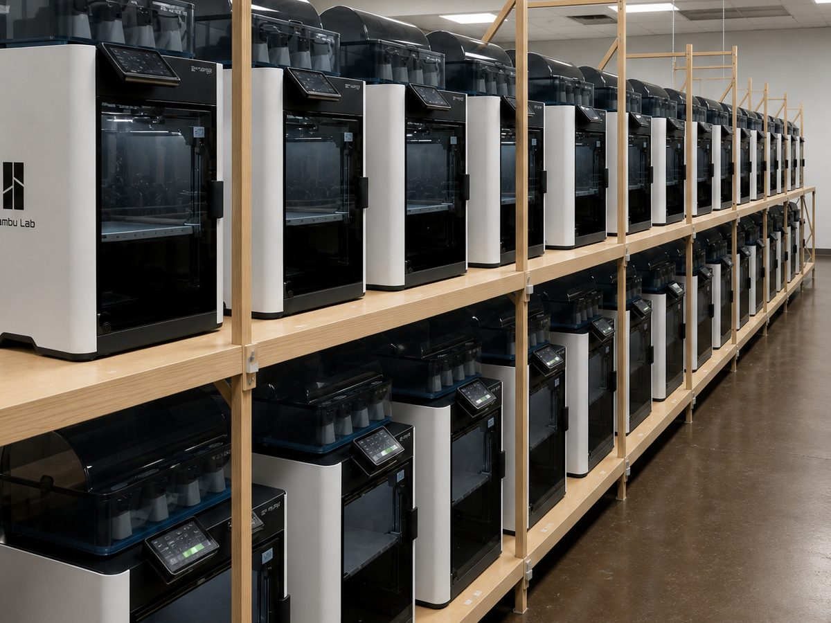 A lab of 3D printers on shelving
