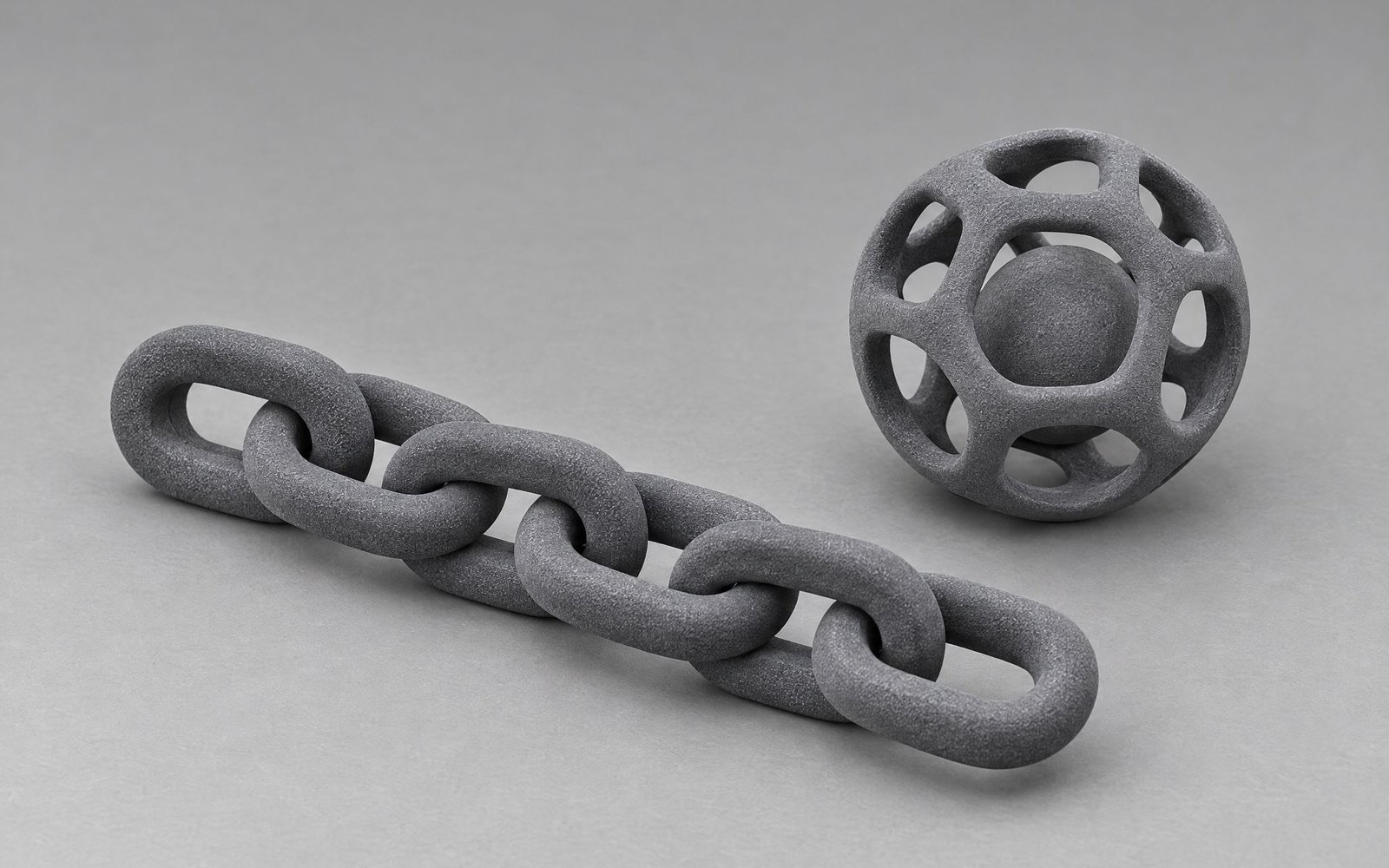 Grey nylon chain links and a spherical captive assembly printed already joined