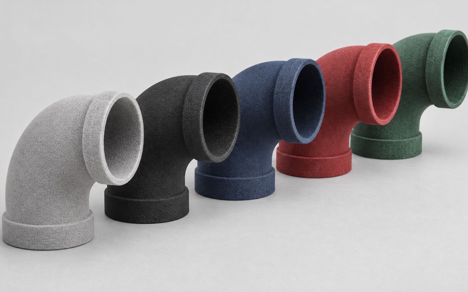 Nylon elbow ducts in natural grey, black, blue, red and green