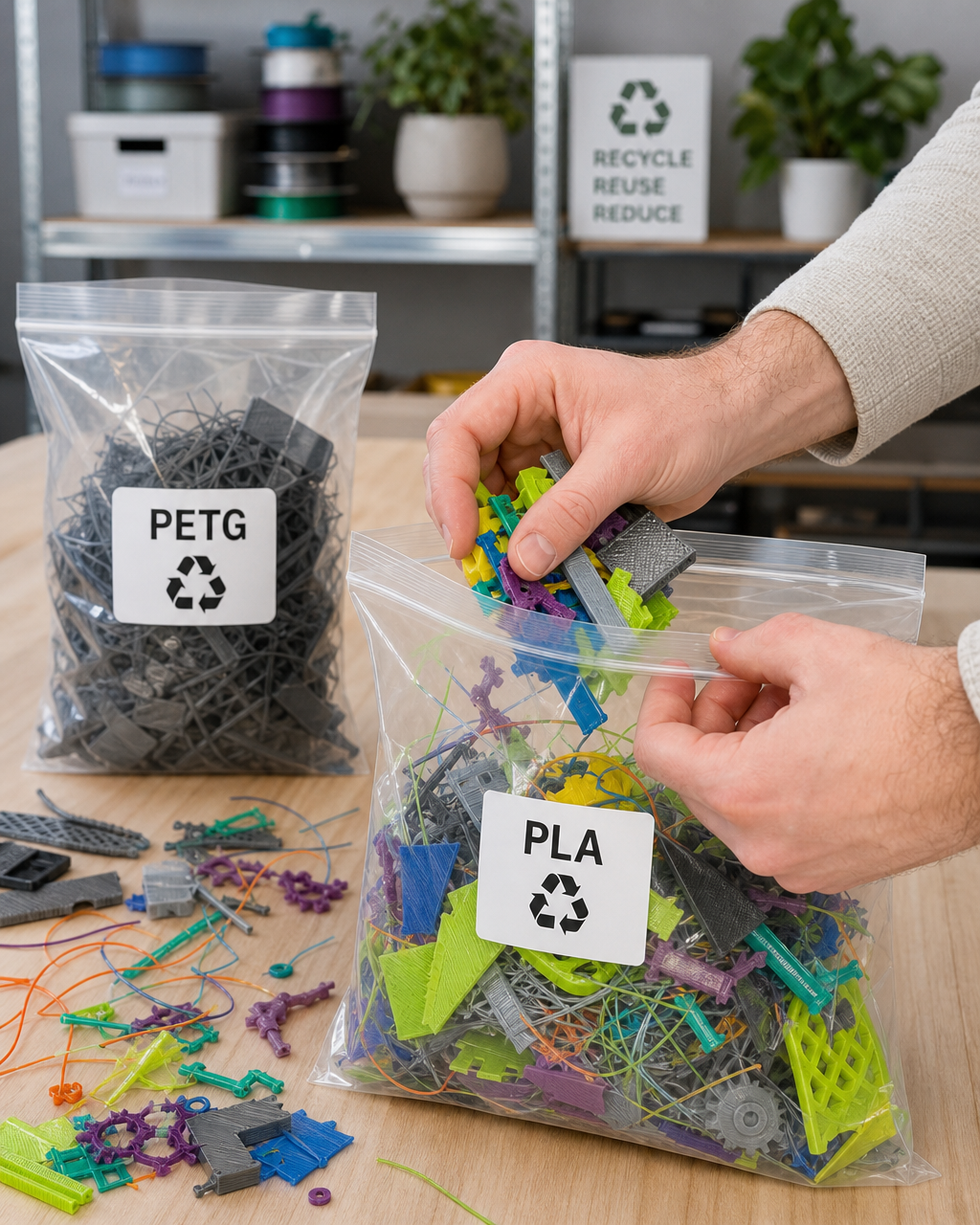 Hands sorting 3D printing plastic scrap into labeled PLA and PETG bags
