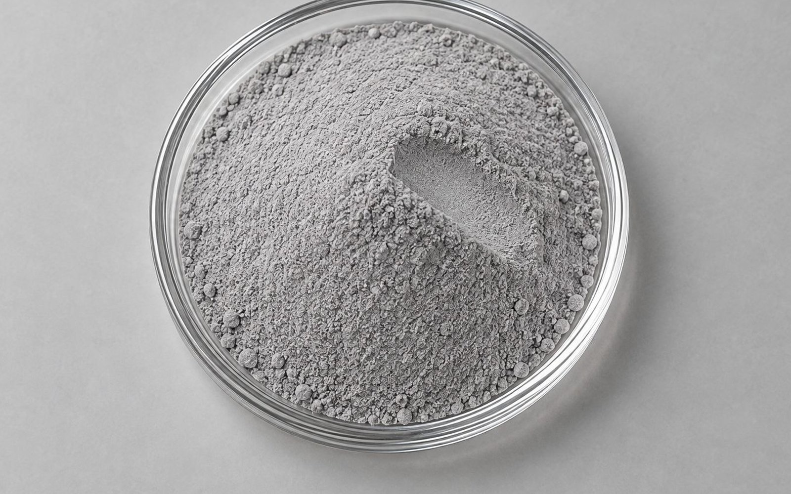 Close-up of PA12 powder in a shallow round sample dish