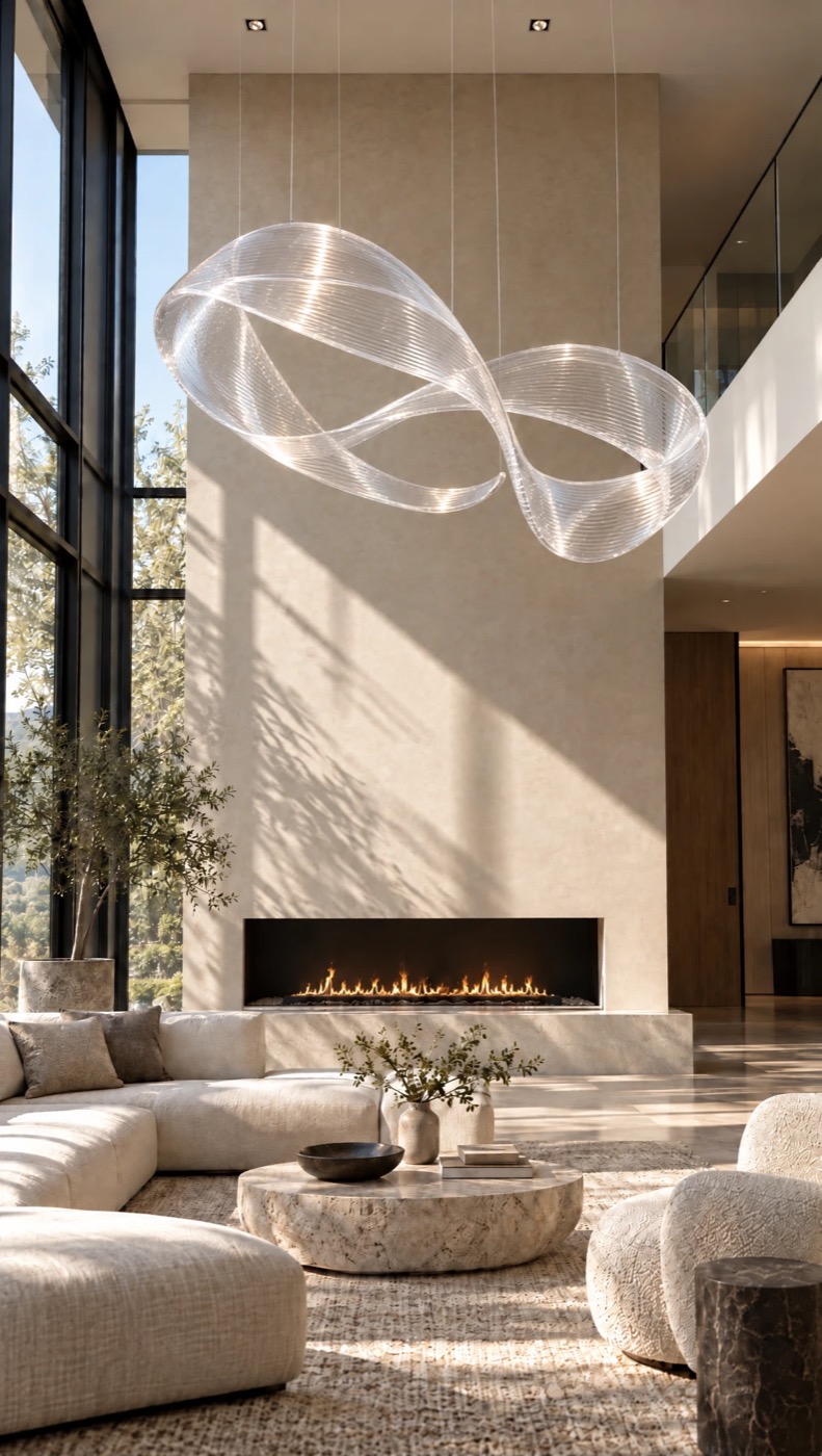 A clear printed ribbon sculpture suspended in a double-height living room