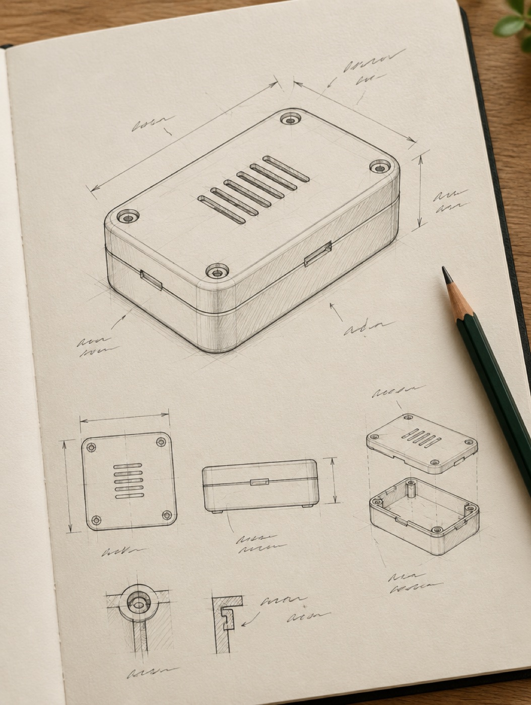 A pencil sketch of the enclosure in a notebook