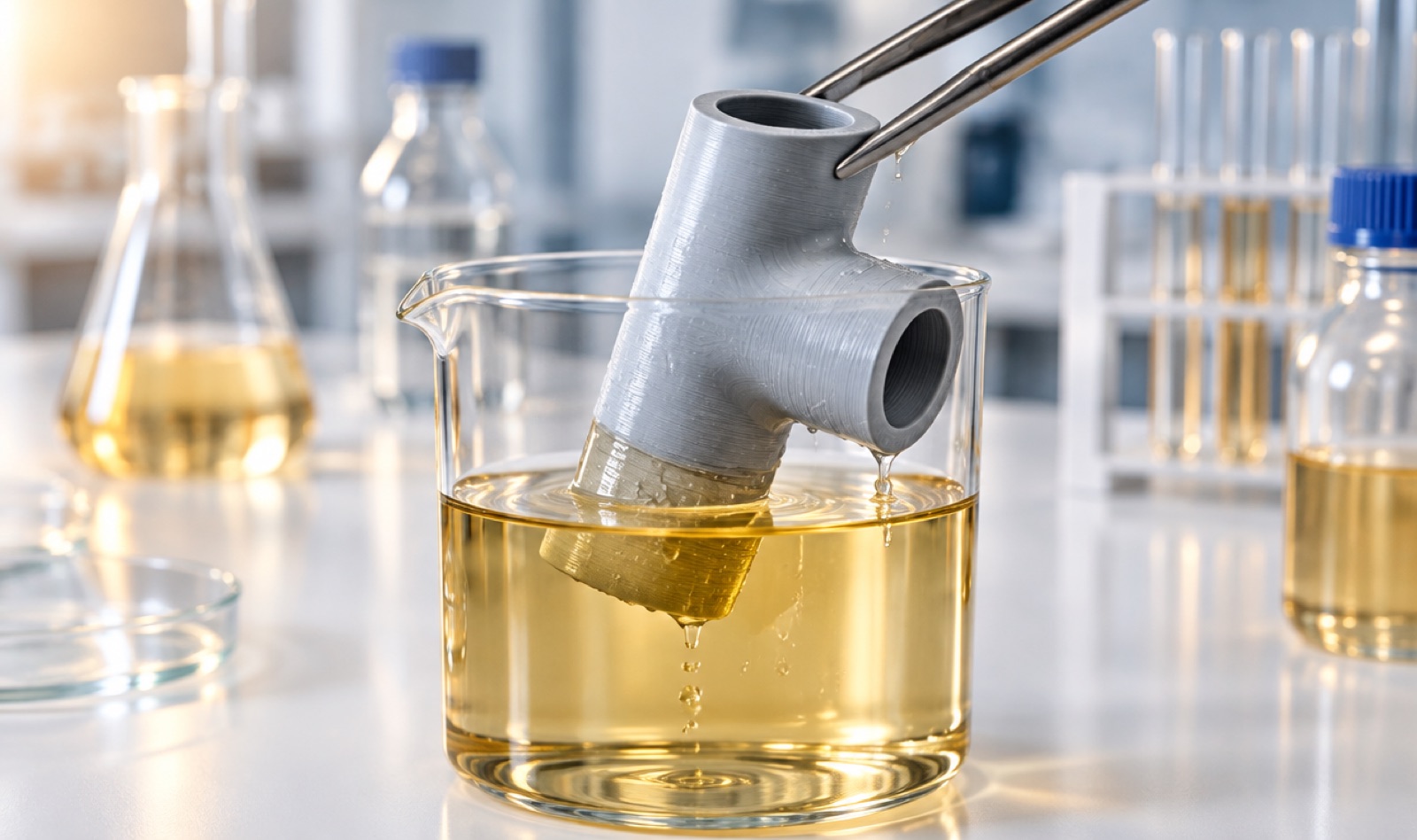 A grey 3D-printed pipe fitting held in tongs, dipped in a beaker of chemical in a lab