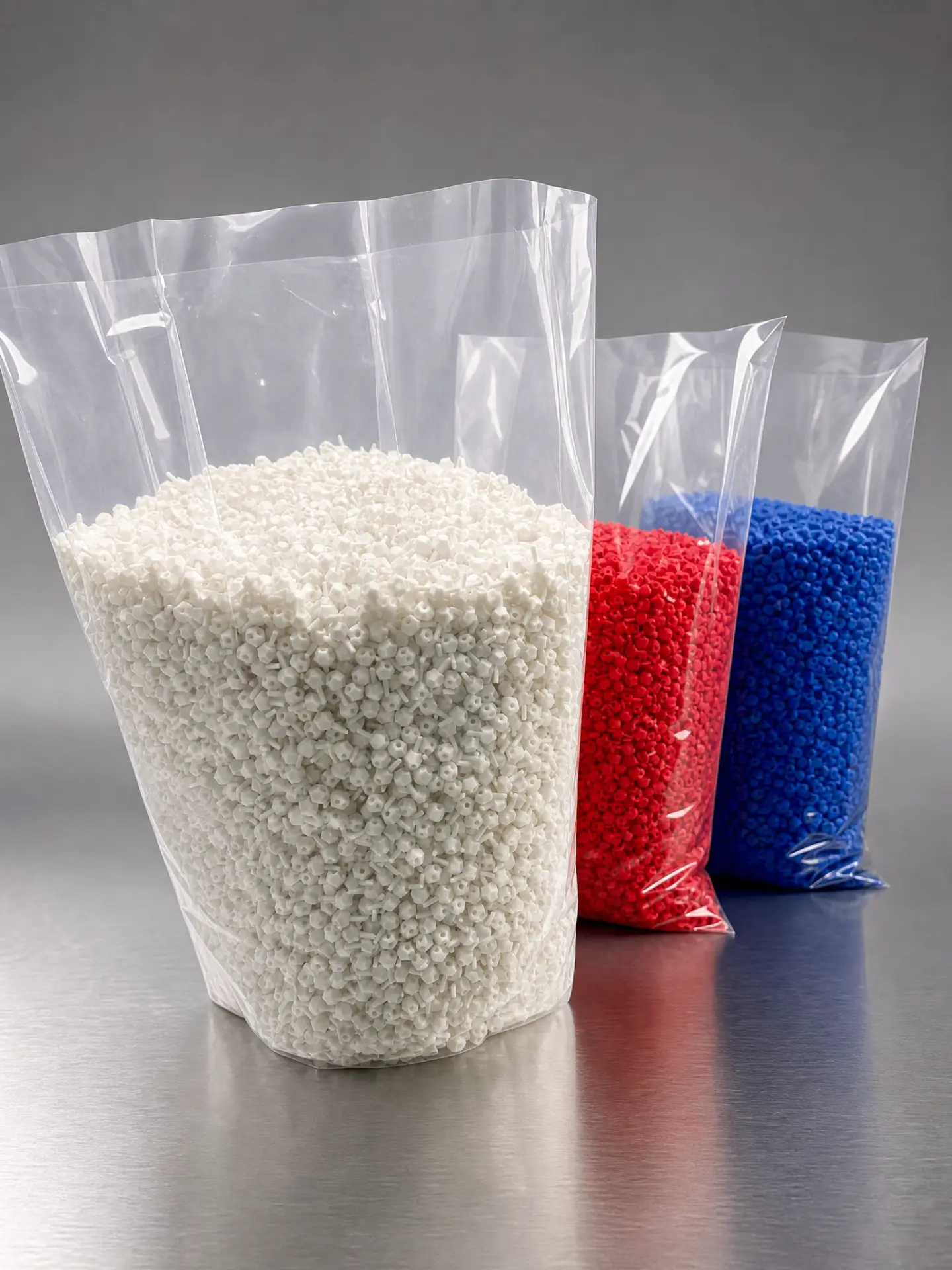 Three clear bags of small printed molecule kit parts in white, red and blue on a metal table