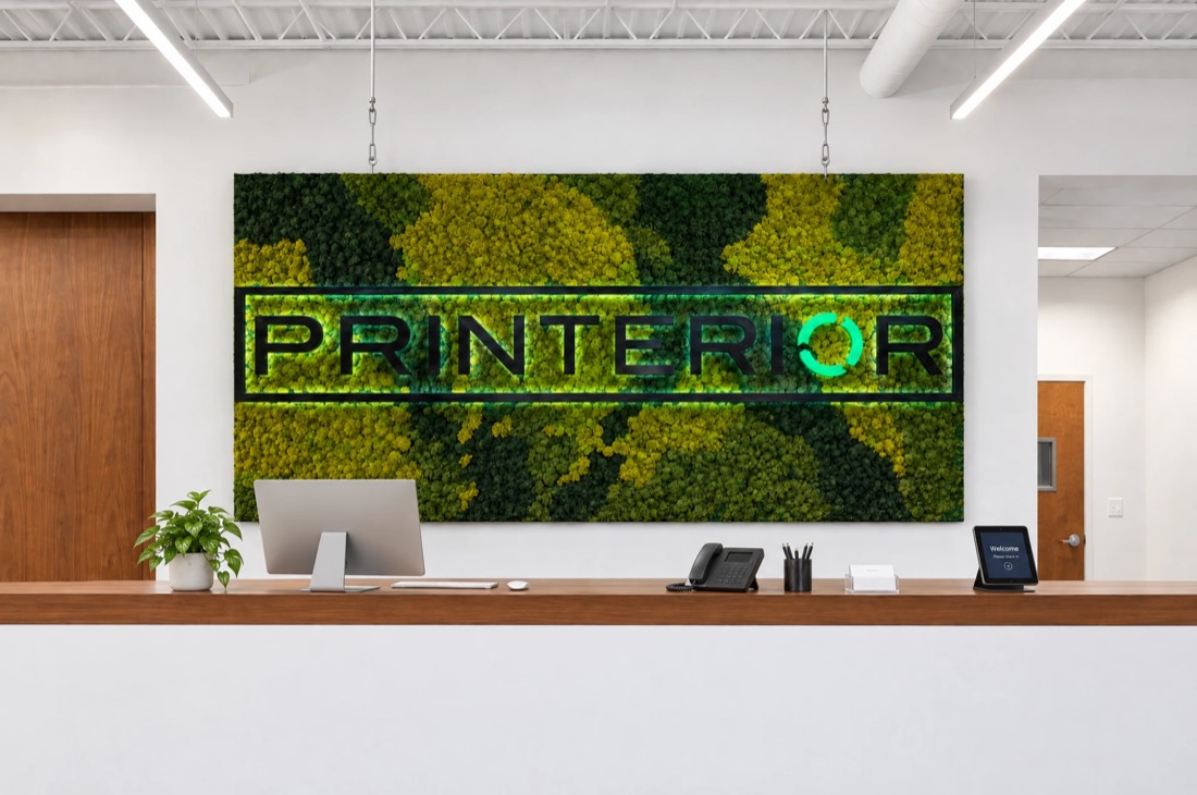 An illuminated printed logo sign over a moss wall in a lobby