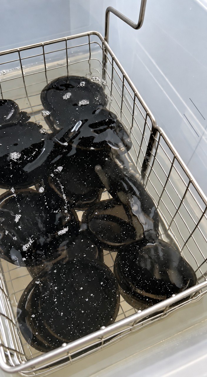 A batch of black SLA lids in the wash basket