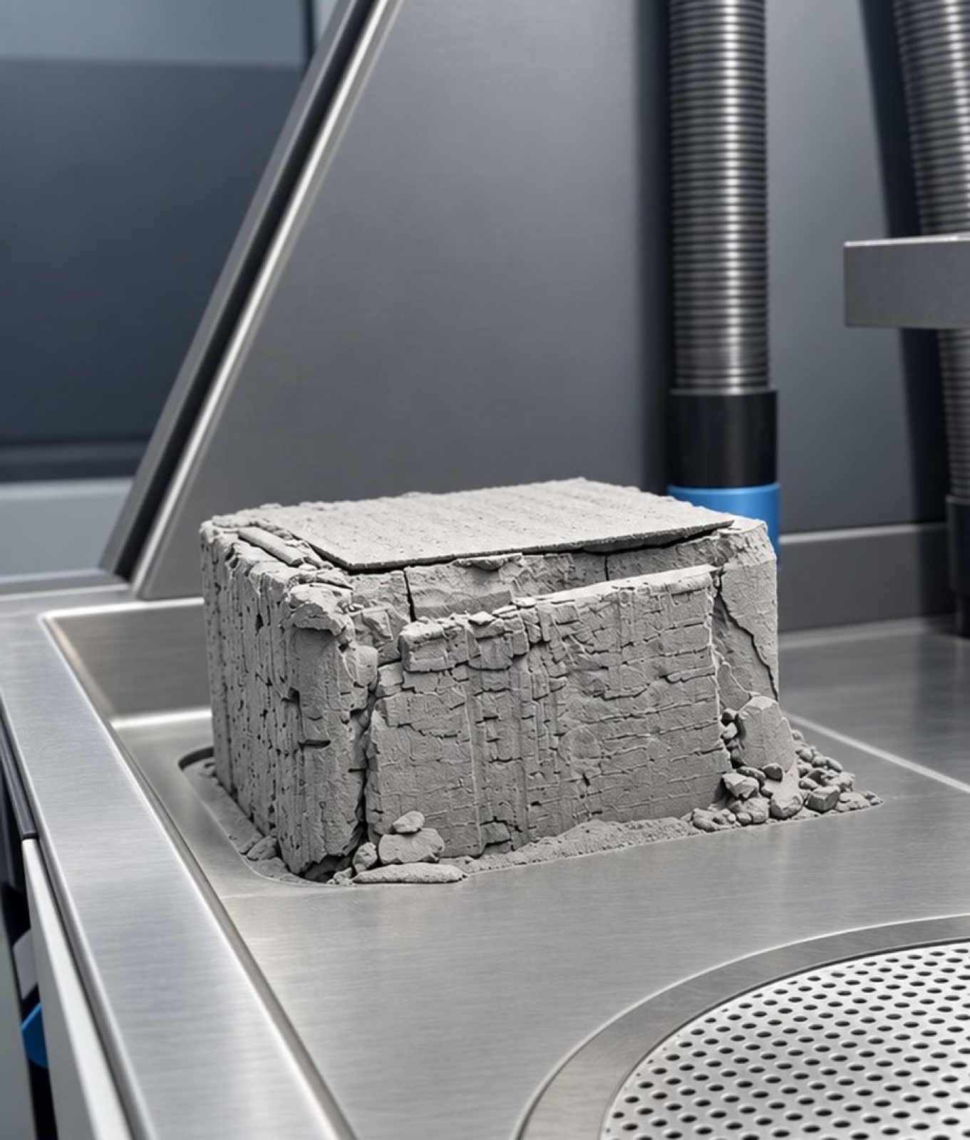 Freshly printed SLS nylon powder cake on a metal build platform
