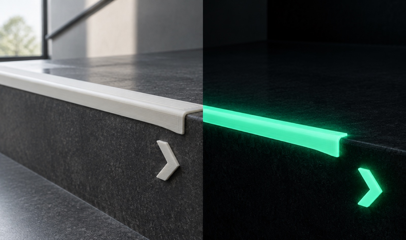 A 3D-printed stair-edge strip and arrow marker, plain in daylight on one side and glowing green in the dark on the other