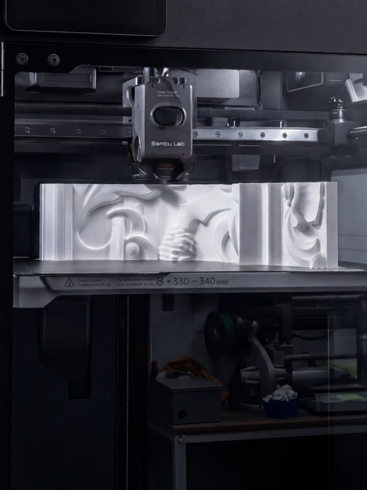 Inside an FDM printer, the print head building a white relief panel from the same white filament