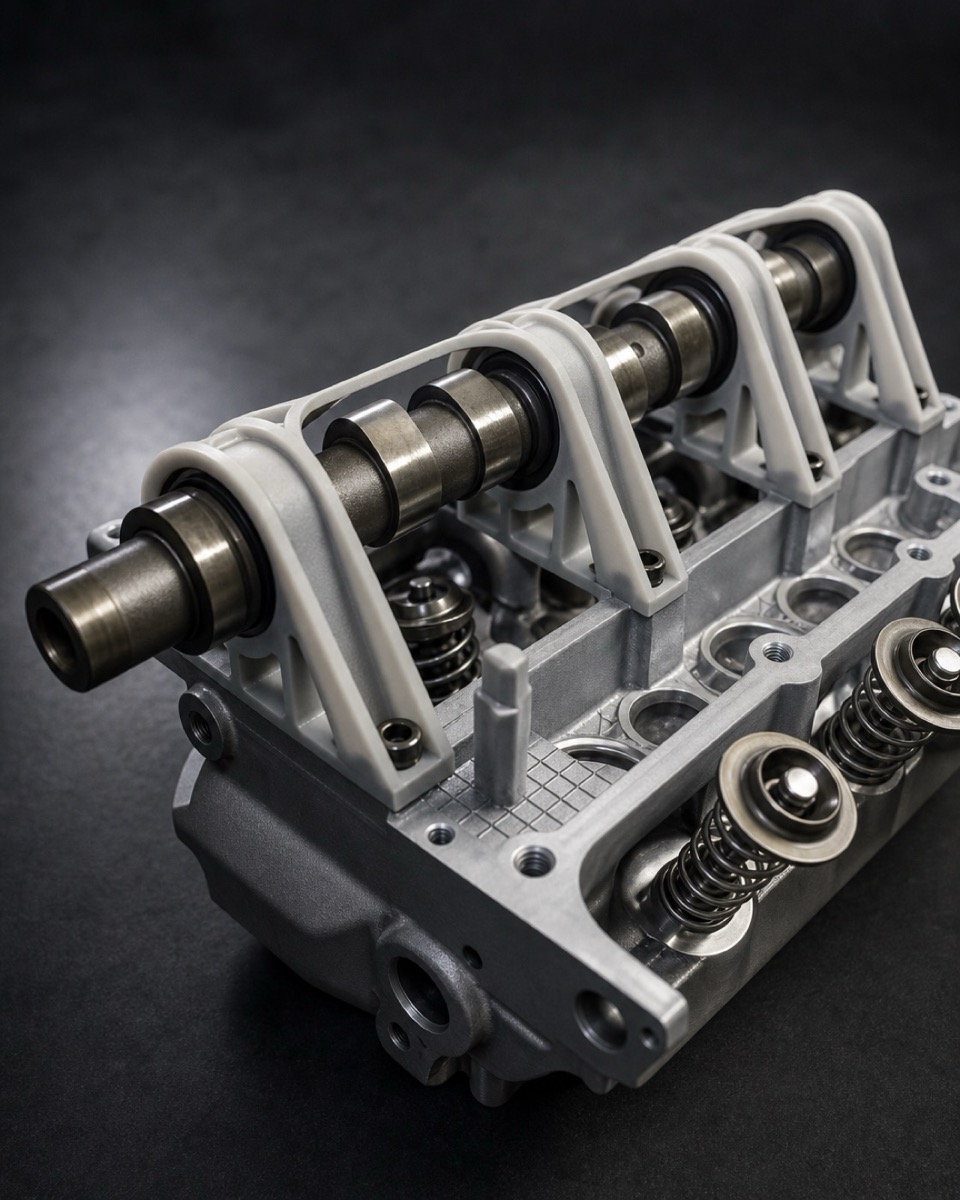 Cam carrier on a cylinder head, printed with SLA