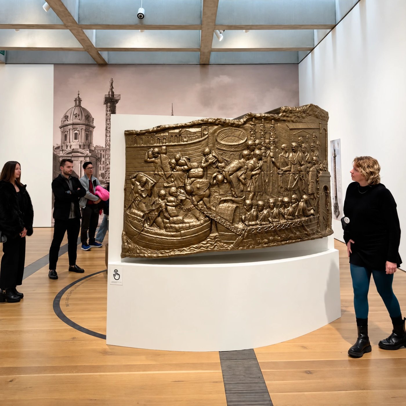 The bronze-finished relief on display in a museum gallery