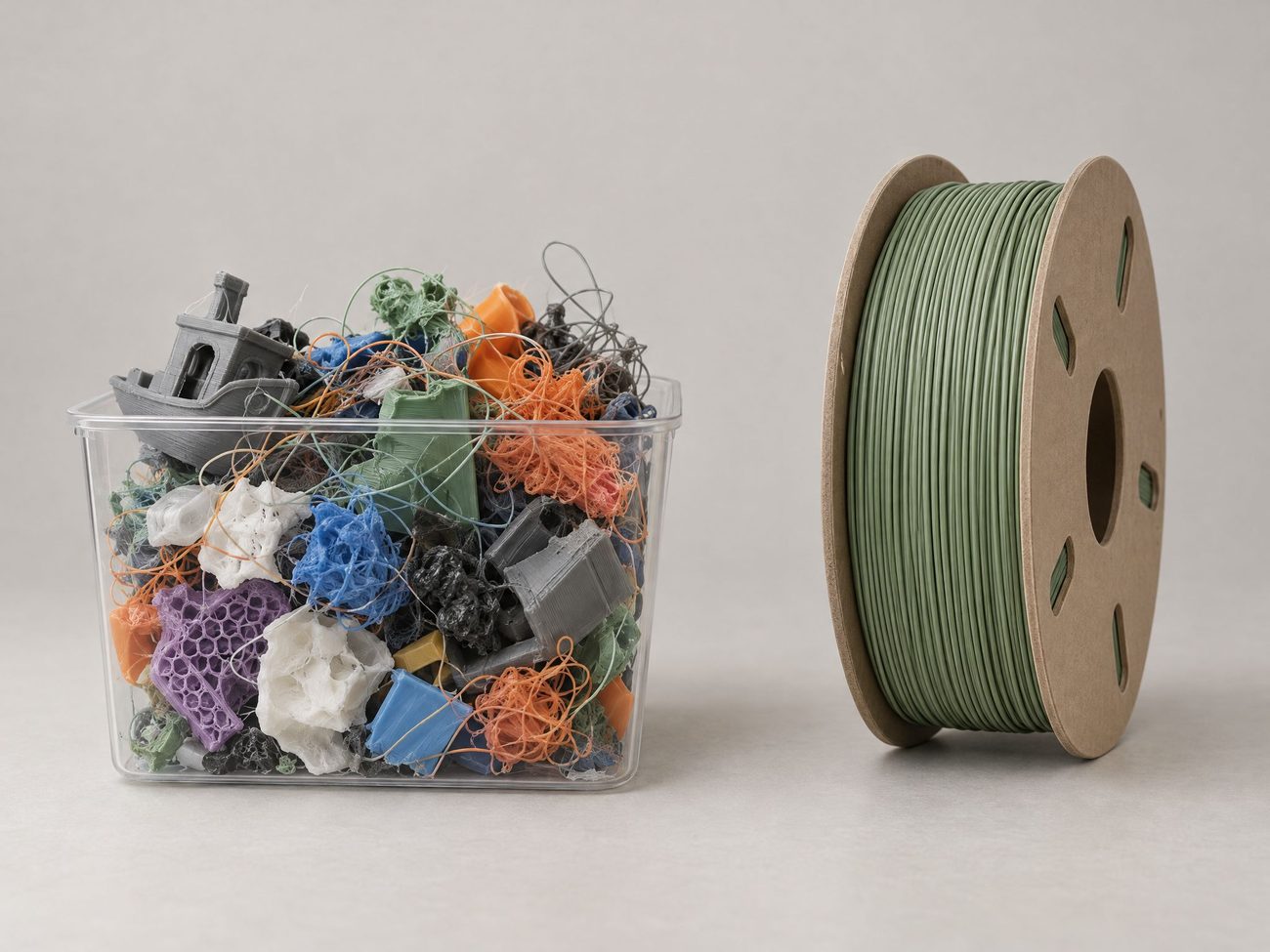 A bin of failed prints and filament scrap beside a fresh spool of sage recycled filament
