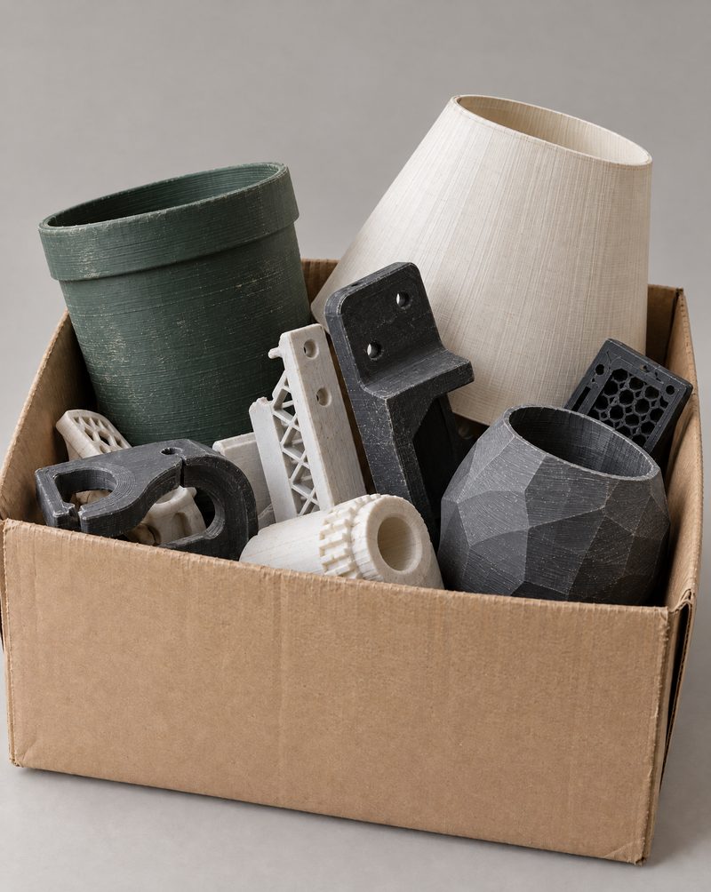 A box of lightly used printed parts returned for recycling