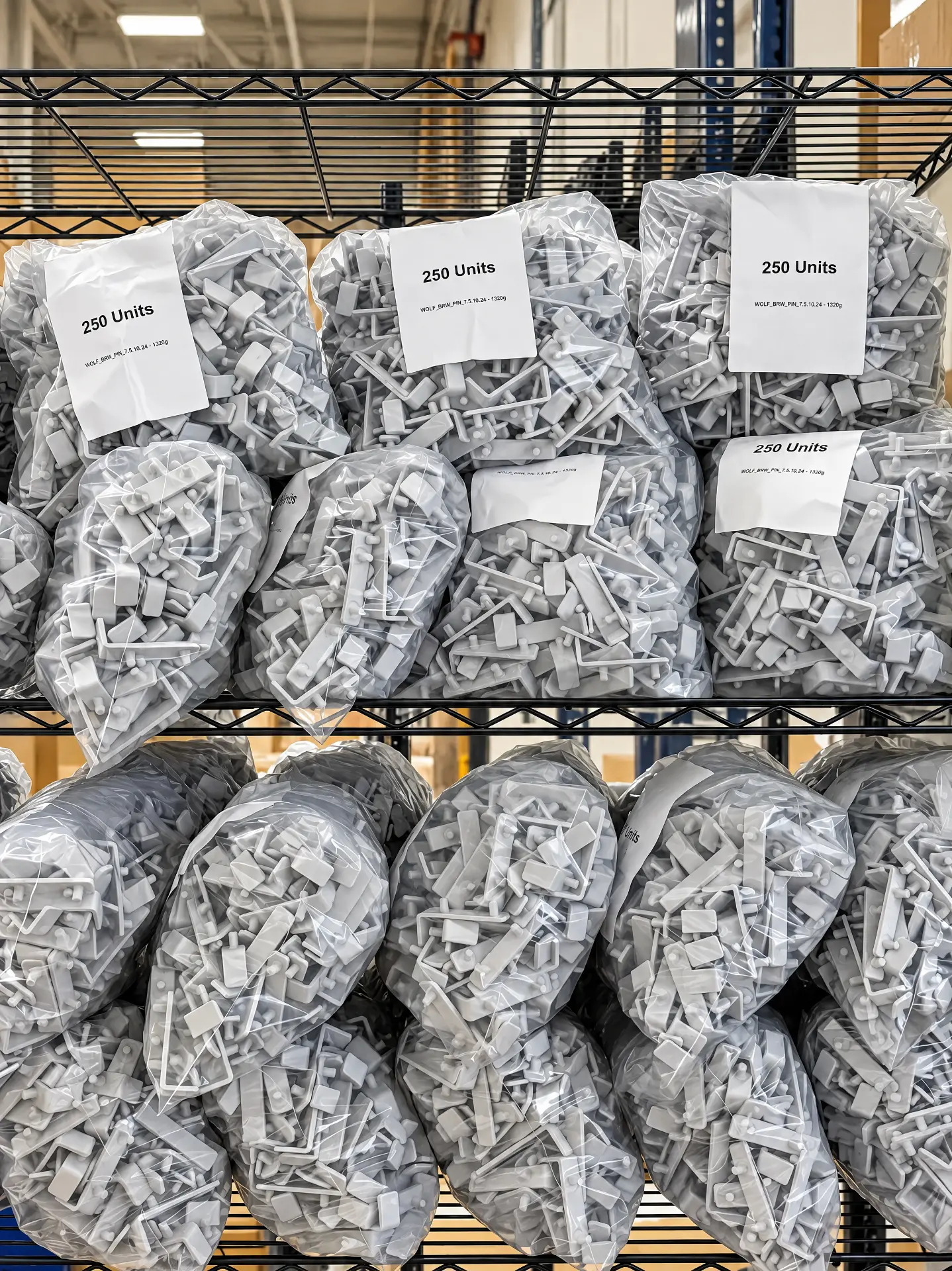 Clear labeled bags of grey PETG store fixture pins stacked on warehouse wire shelving, staged for dispatch