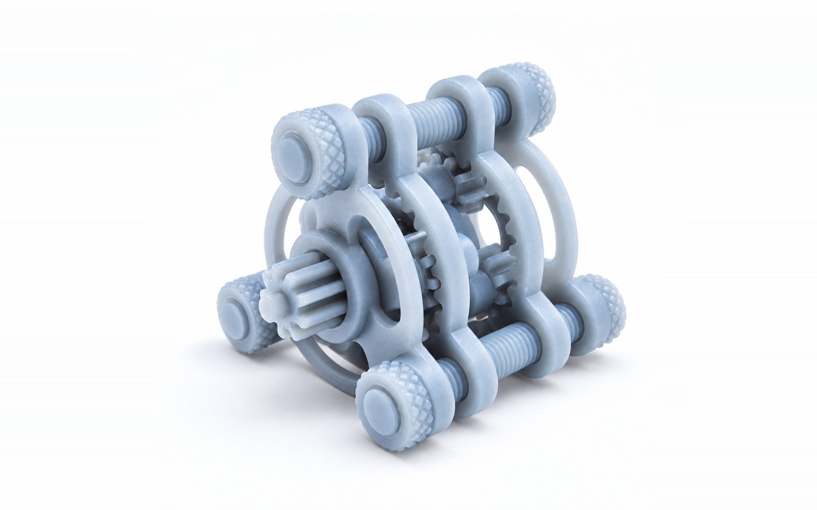 Light-blue SLA gear mechanism with knurled knobs, fine threads and meshing gears