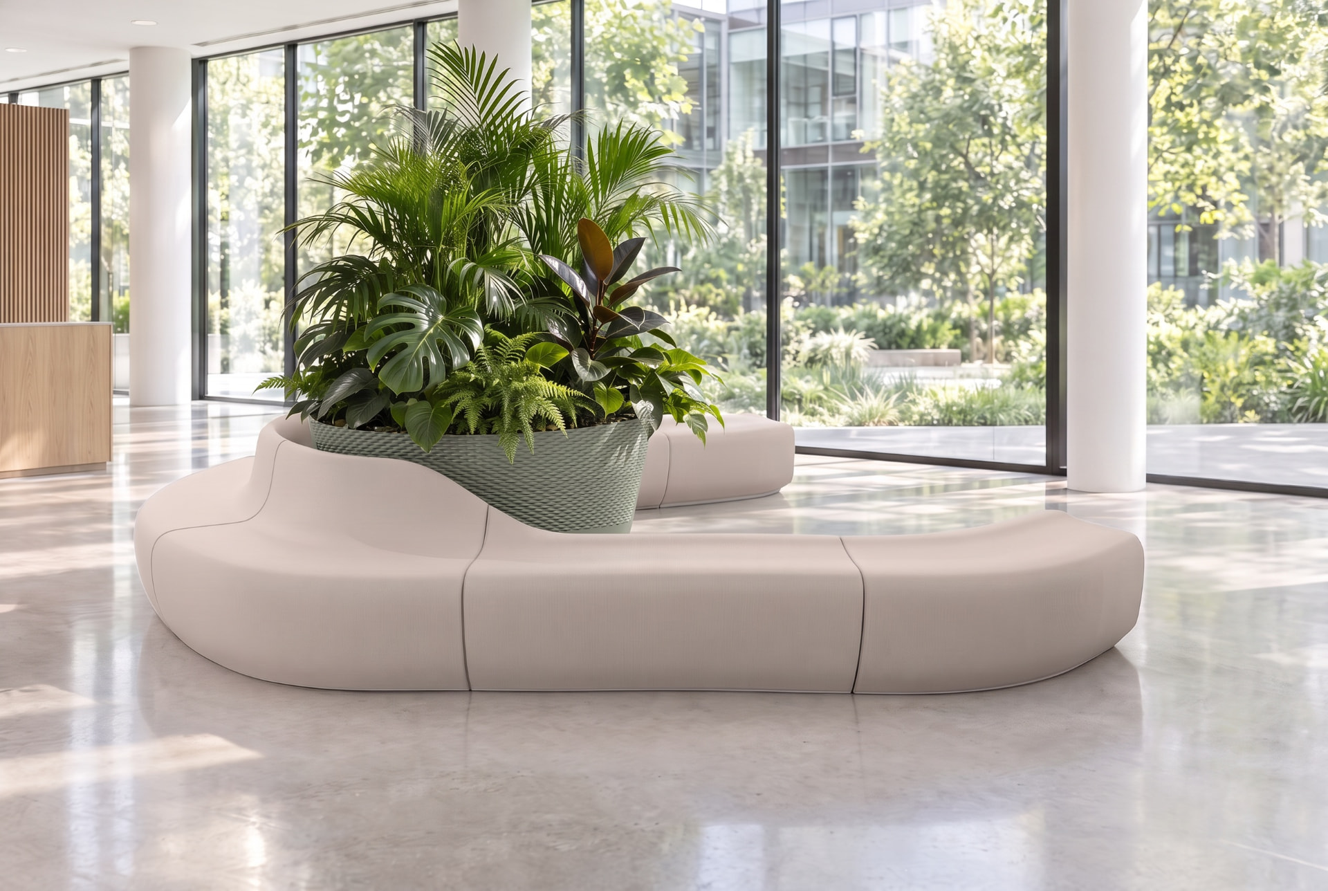 A large-format printed wave bench outside an office building