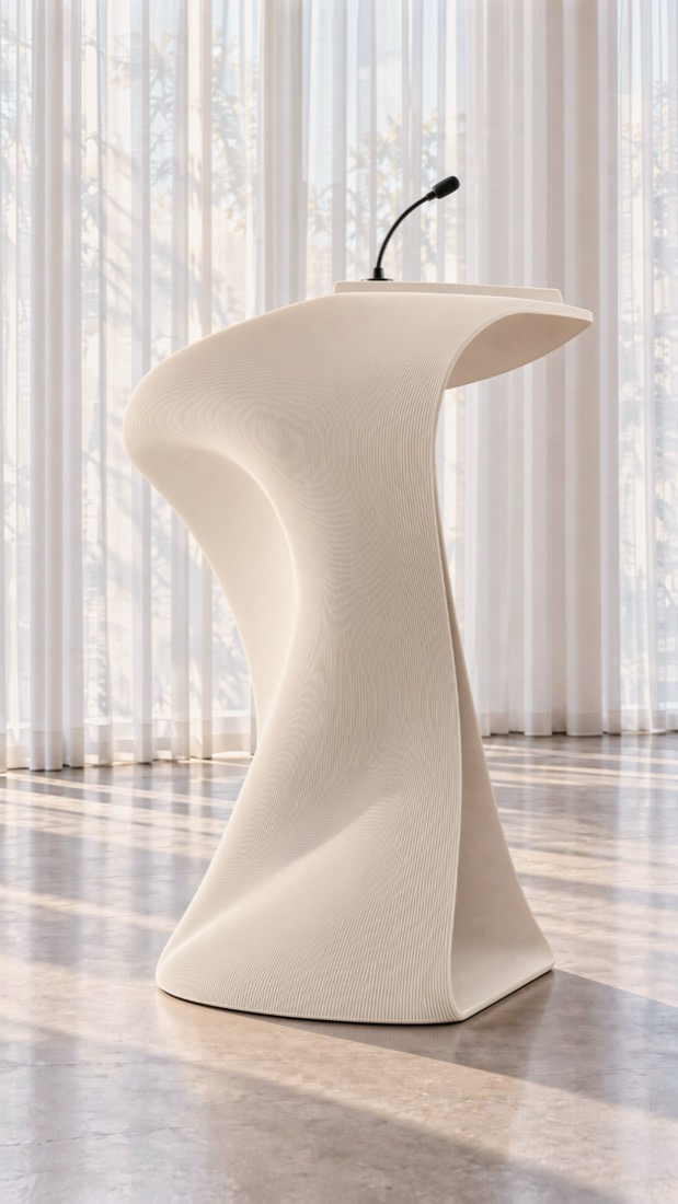 A sculpted printed speaker's podium