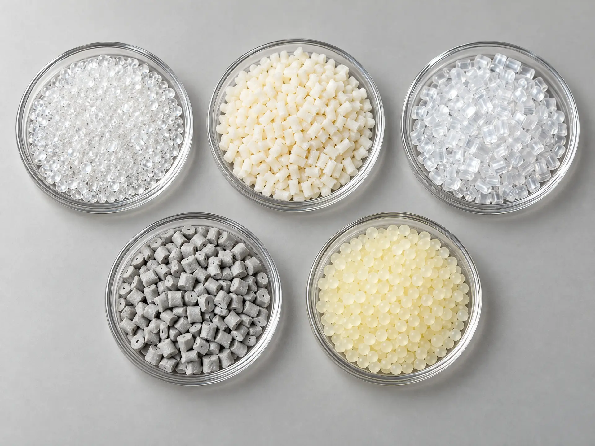 Five glass dishes seen from above, each holding a different pellet type: clear beads, ivory cylinders, clear pellets, matte gray pellets and pale amber beads, on a neutral gray surface