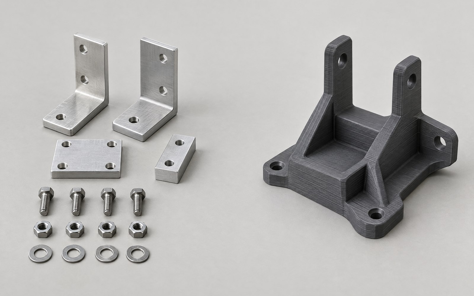 One printed bracket in place of a bolted assembly, printed with FDM