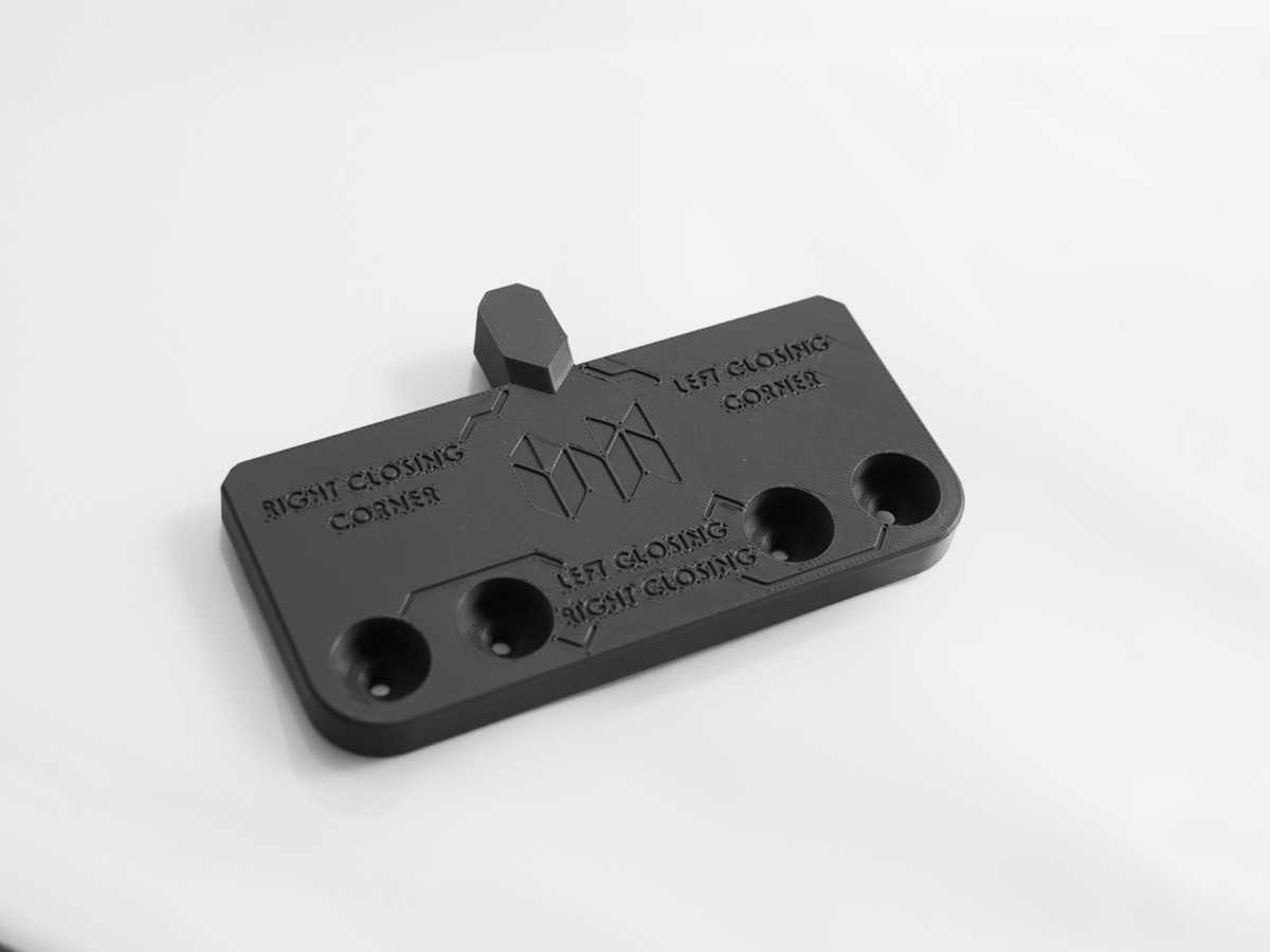 Drill jig with closing-corner labels, printed with FDM