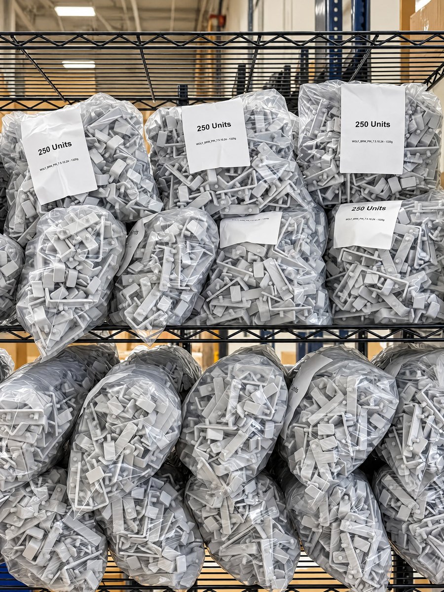 Shelves of bagged pins, 250 per bag