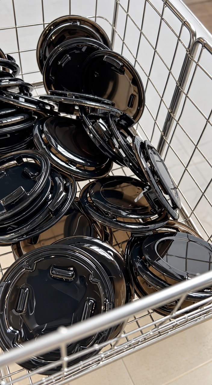 A basket full of finished black lids