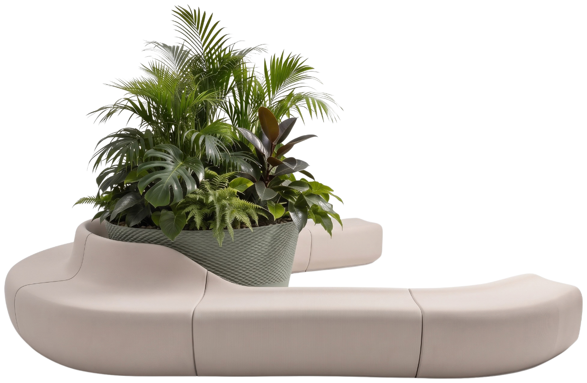 Large-format 3D-printed bench with a built-in planter