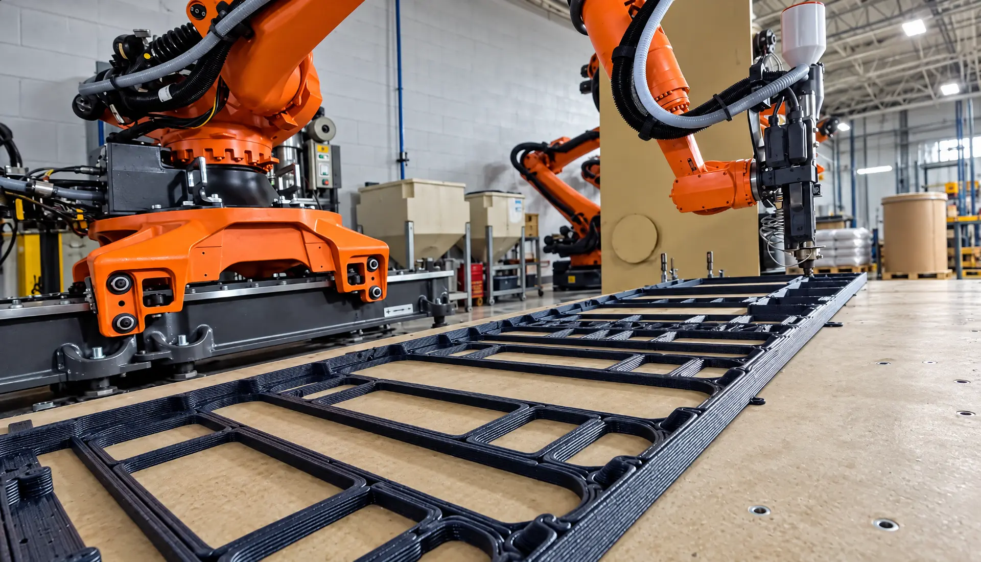 An orange robotic arm with an extruder toolhead printing a long black open-frame LFAM structure flat on a build table, a second orange robotic arm on a linear track at the left