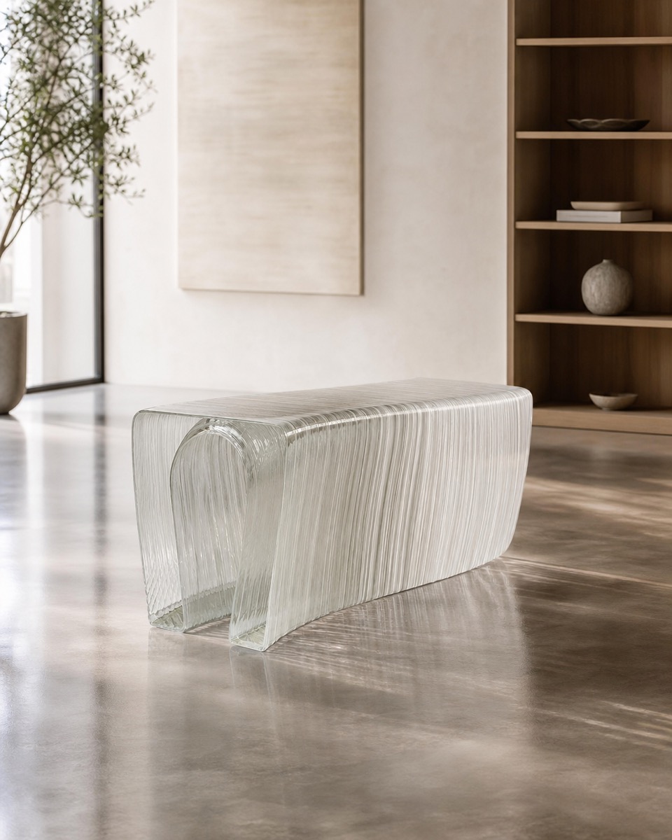 A clear printed ribbed bench in a calm interior