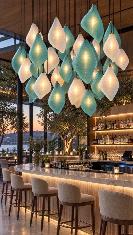 Printed pendant lights over a bar