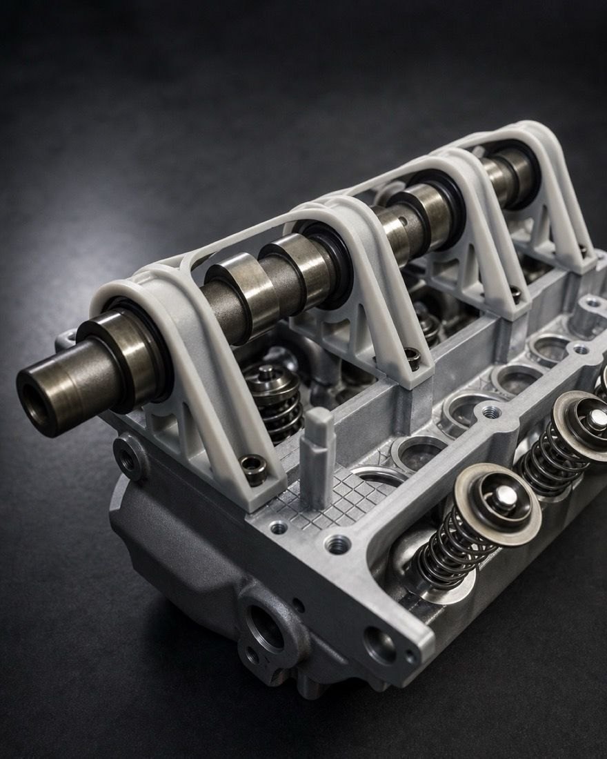 A printed cam carrier on an engine head