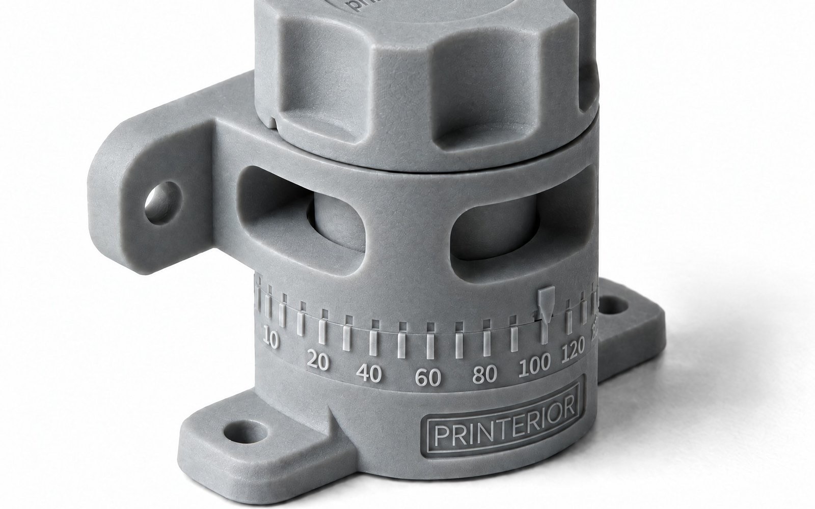 Grey dial knob with a printed scale and Printerior logo