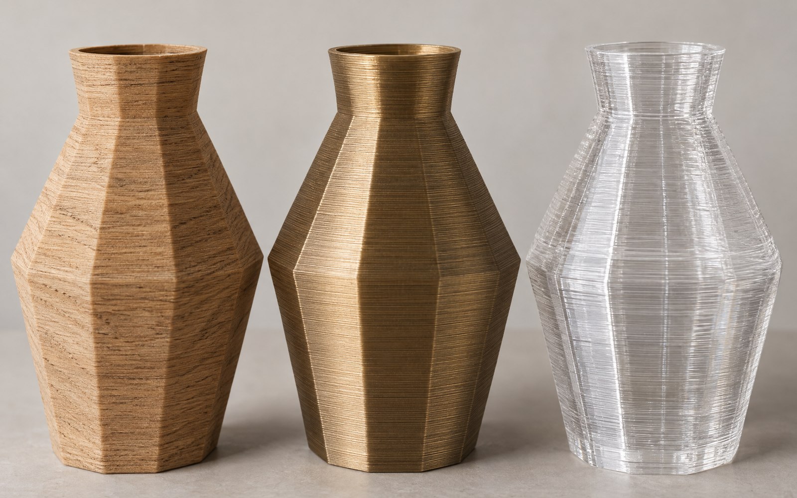 Wood, bronze and clear vases, printed with FDM