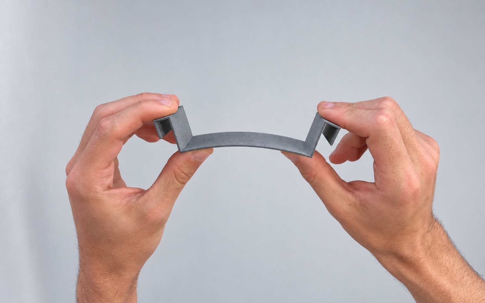 Hands bending a thin grey 3D-printed strip that springs back