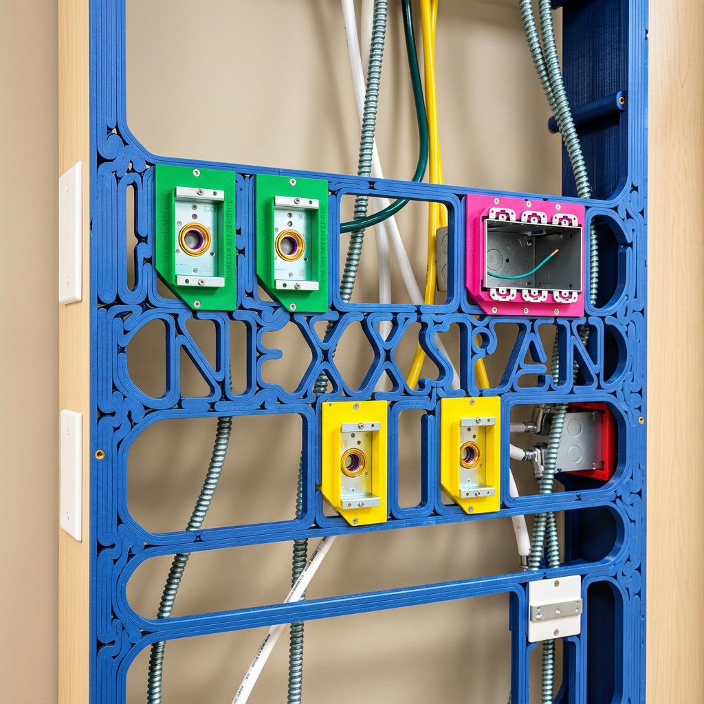 Printed headwall frame with colored electrical rough-in modules and branding built into the structure