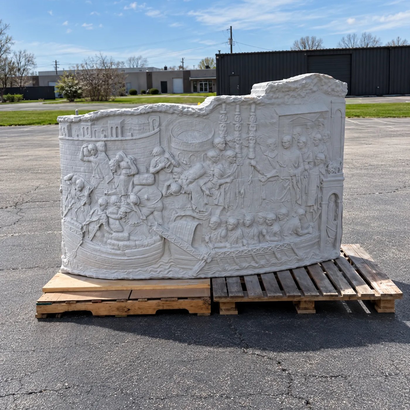 The full assembled white relief on pallets outside the shop