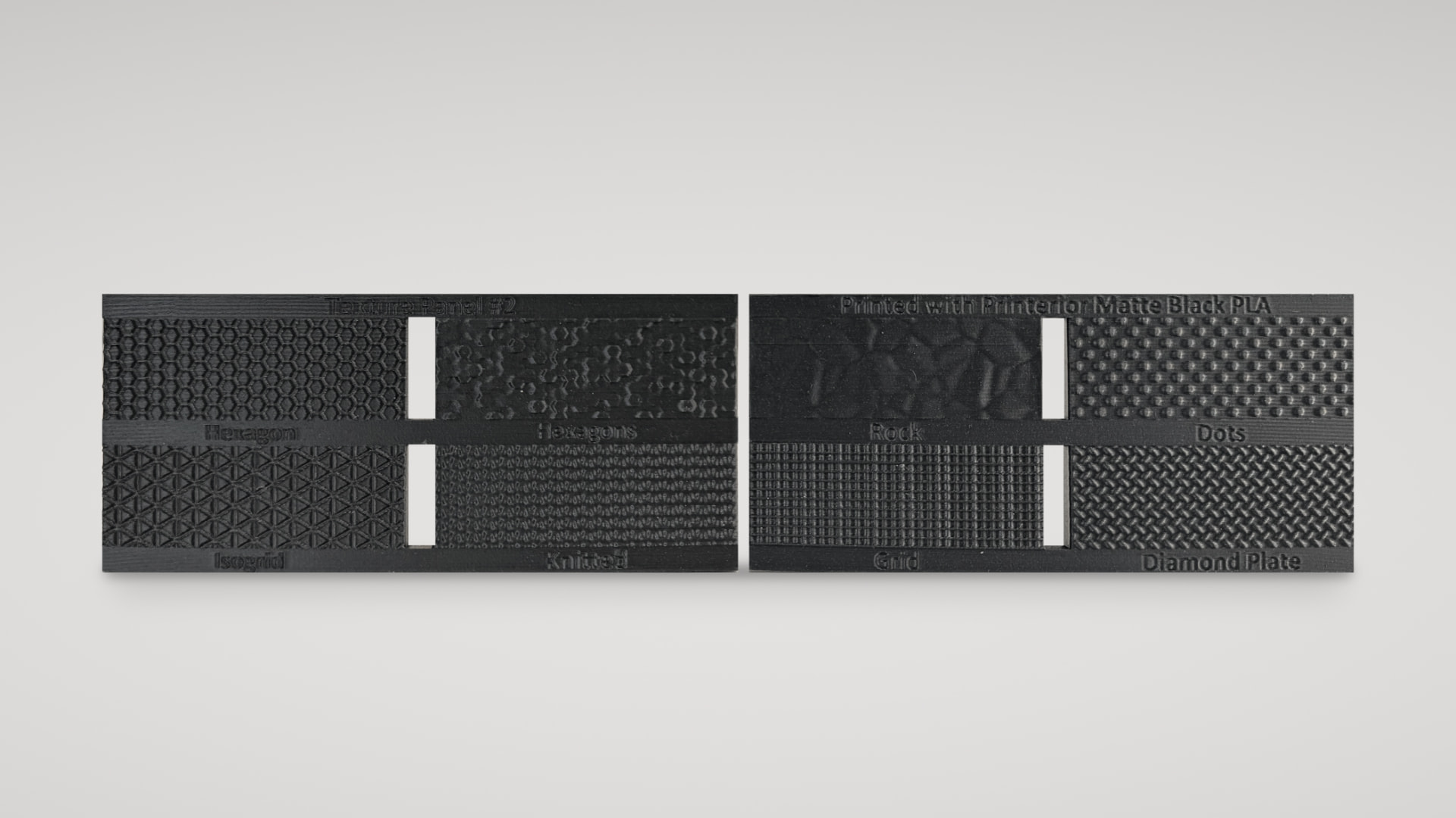 Two black printed texture sample panels showing hexagon, isogrid, knitted, rock, dots, grid and diamond-plate surface textures