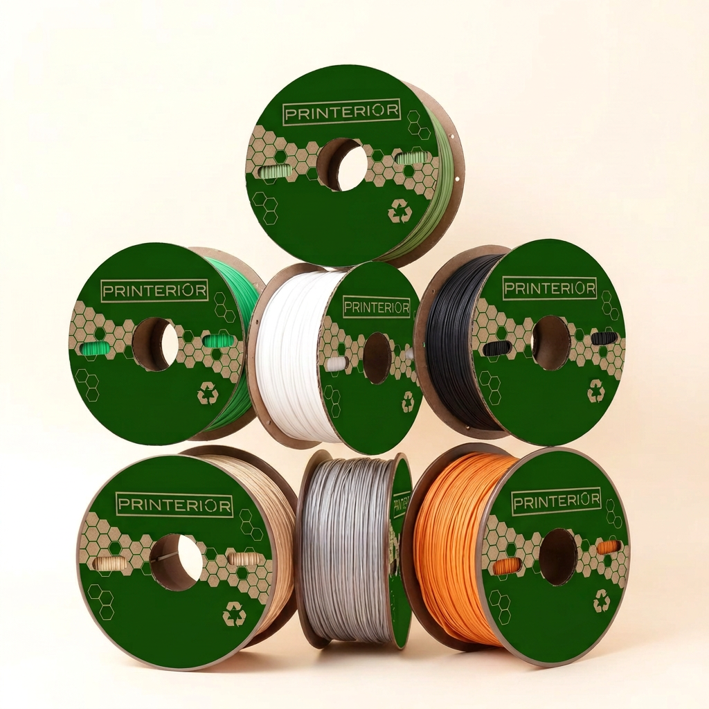 Printerior branded recycled filament spools in a range of colors